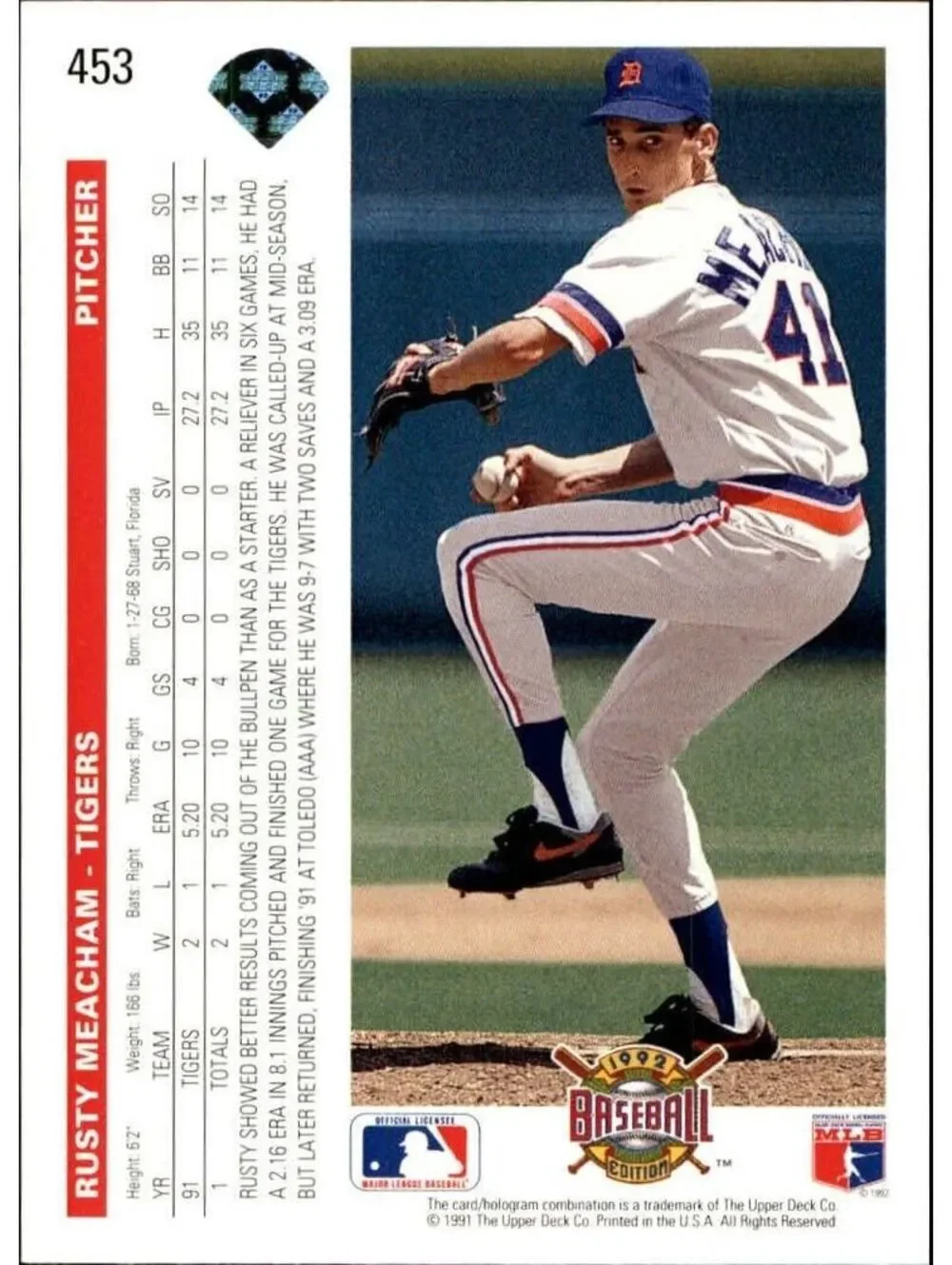Rusty Meacham 1992 Upper Deck MLB #453 Baseball Card Detroit Tigers